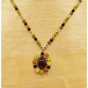 Vida Jewels Cabochon Pendant Necklace Multi-Color Beaded Gold Brown Green Bin7
